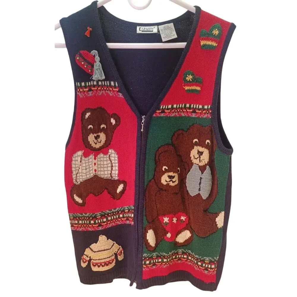 VTG Capacity Teddy Bear Christmas Sweater Vest Women's Size Medium Grannycore - Picture 3 of 6